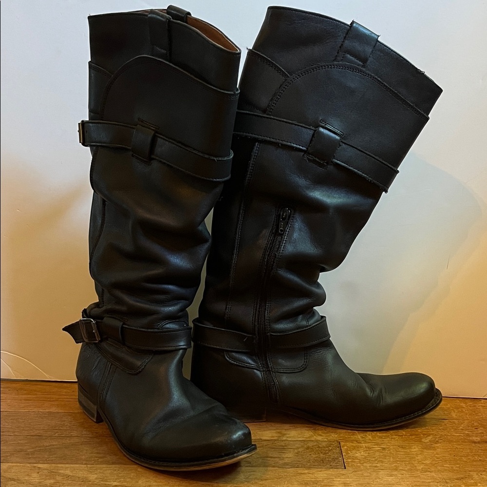 Bronx Black Leather 1 inch Heeled Slouch Boots